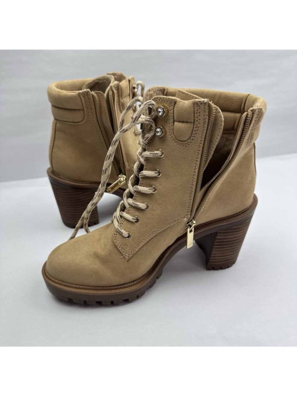 Jennifer Lopez Georgia Combat Boots Cashew Tan Chunky Heel Lug Womens Sz 7.5
